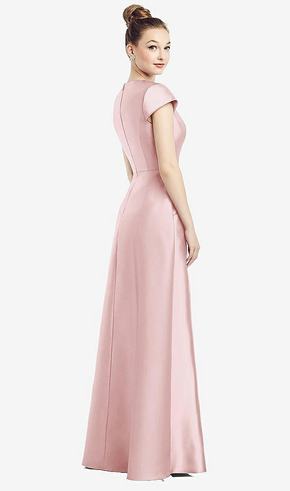 Back View - Ballet Pink Cap Sleeve V-Neck Satin Gown with Pockets