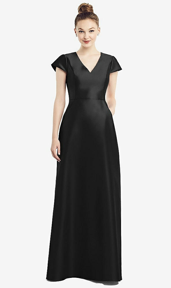 Front View - Black Cap Sleeve V-Neck Satin Gown with Pockets