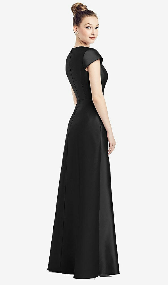 Back View - Black Cap Sleeve V-Neck Satin Gown with Pockets