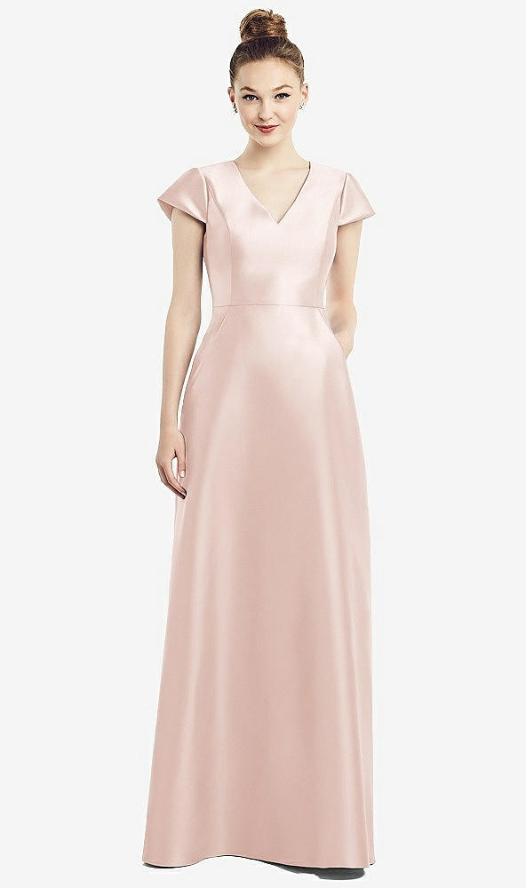 Front View - Blush Cap Sleeve V-Neck Satin Gown with Pockets