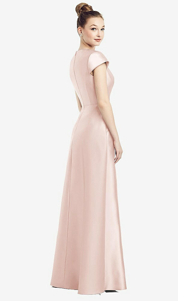 Back View - Blush Cap Sleeve V-Neck Satin Gown with Pockets