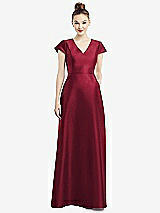 Front View Thumbnail - Burgundy Cap Sleeve V-Neck Satin Gown with Pockets