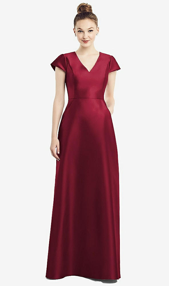 Front View - Burgundy Cap Sleeve V-Neck Satin Gown with Pockets