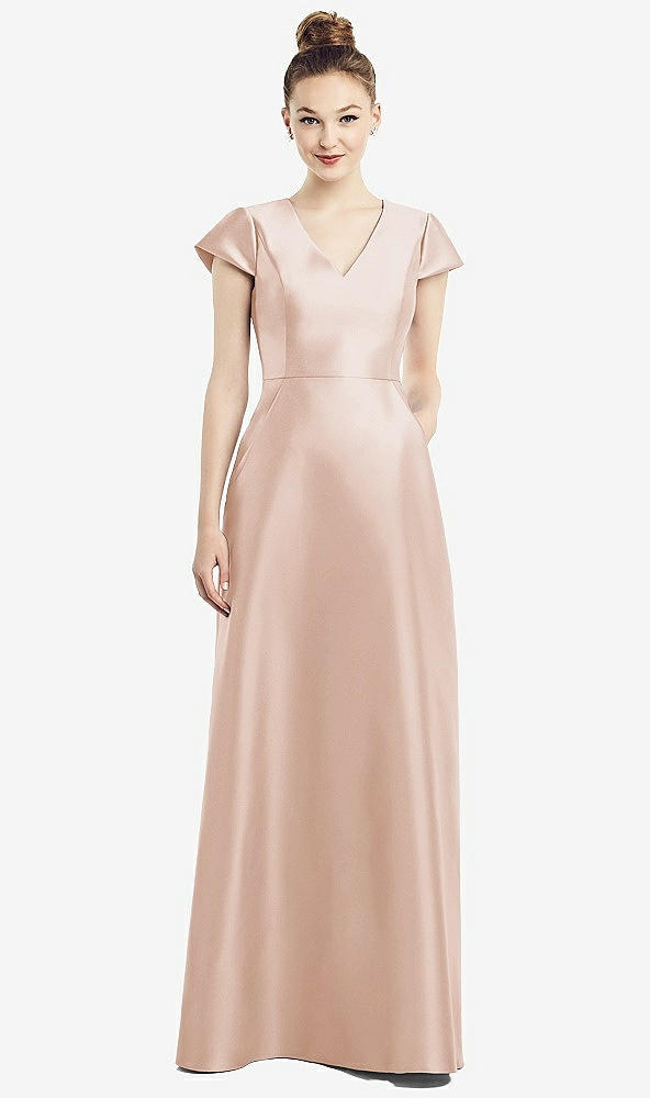 Front View - Cameo Cap Sleeve V-Neck Satin Gown with Pockets