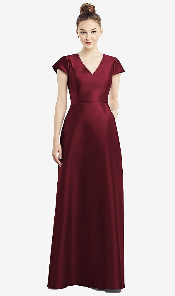 Front View - Cabernet Cap Sleeve V-Neck Satin Gown with Pockets