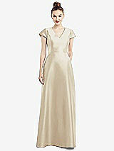 Front View Thumbnail - Champagne Cap Sleeve V-Neck Satin Gown with Pockets