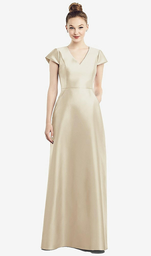 Front View - Champagne Cap Sleeve V-Neck Satin Gown with Pockets