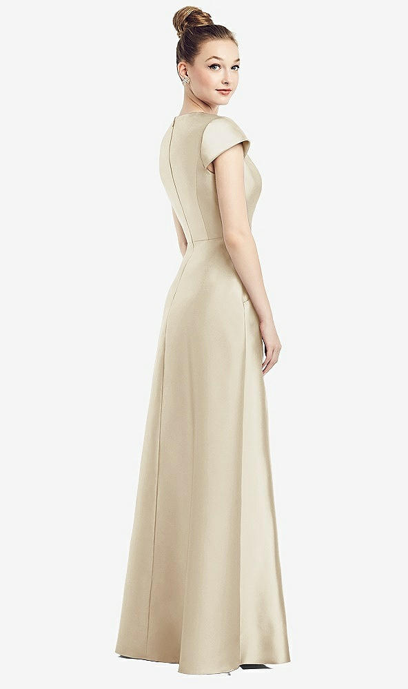 Back View - Champagne Cap Sleeve V-Neck Satin Gown with Pockets