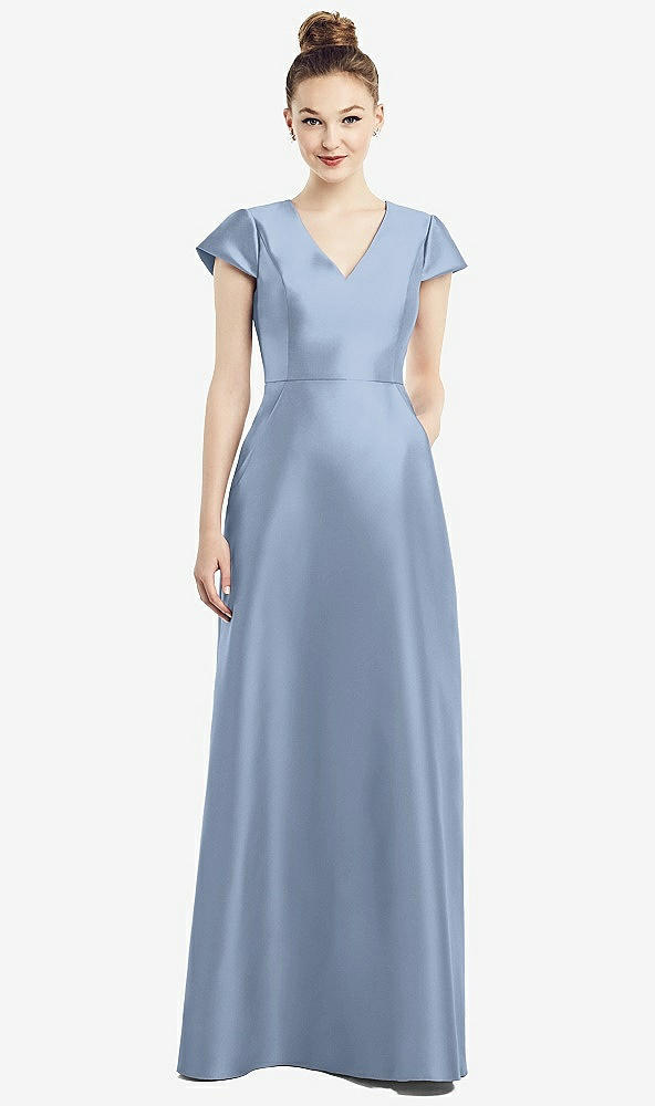 Front View - Cloudy Cap Sleeve V-Neck Satin Gown with Pockets