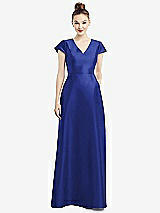 Front View Thumbnail - Cobalt Blue Cap Sleeve V-Neck Satin Gown with Pockets