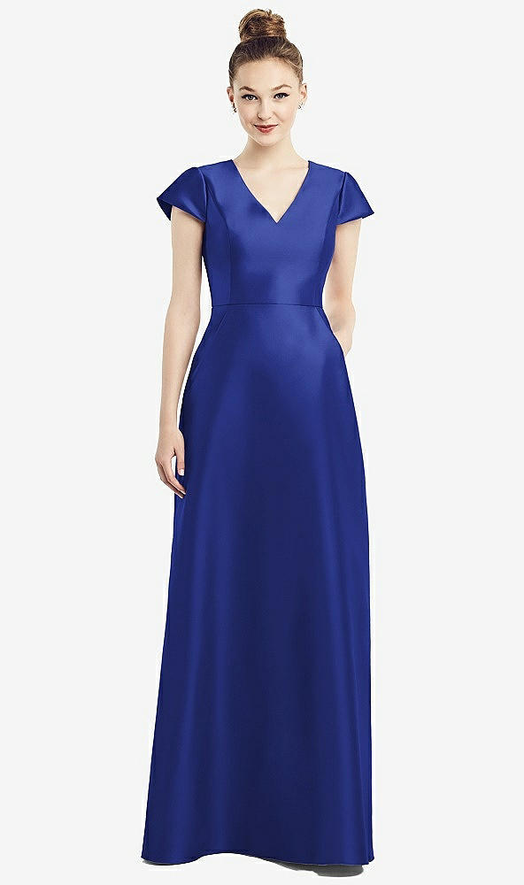 Front View - Cobalt Blue Cap Sleeve V-Neck Satin Gown with Pockets