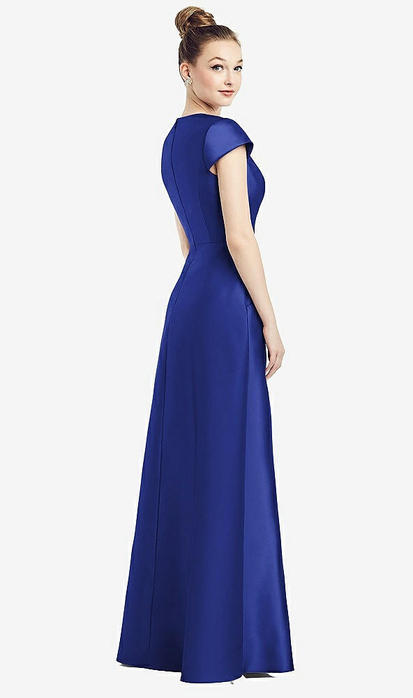 Back View - Cobalt Blue Cap Sleeve V-Neck Satin Gown with Pockets