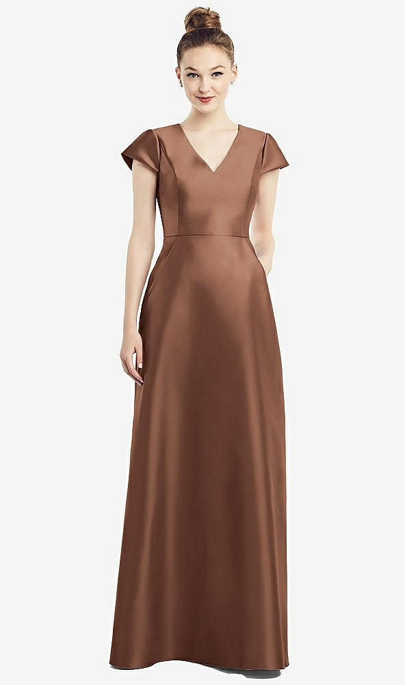 Front View - Cognac Cap Sleeve V-Neck Satin Gown with Pockets