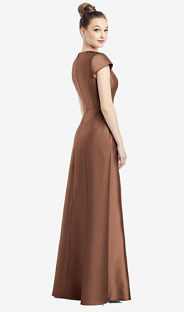 Back View - Cognac Cap Sleeve V-Neck Satin Gown with Pockets