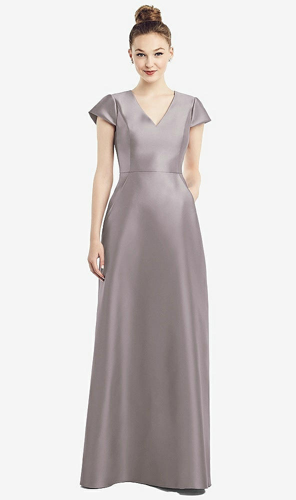 Front View - Cashmere Gray Cap Sleeve V-Neck Satin Gown with Pockets