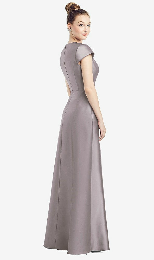 Back View - Cashmere Gray Cap Sleeve V-Neck Satin Gown with Pockets