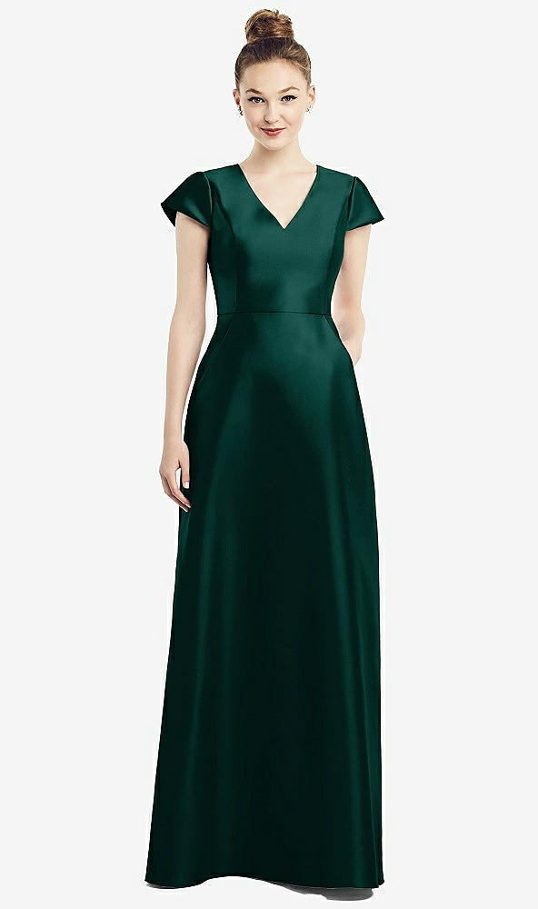 Front View - Evergreen Cap Sleeve V-Neck Satin Gown with Pockets