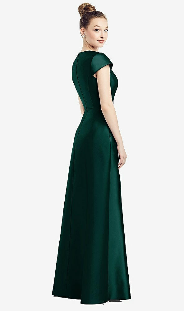 Back View - Evergreen Cap Sleeve V-Neck Satin Gown with Pockets