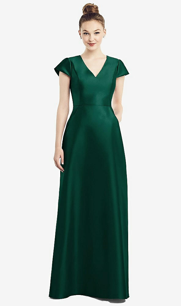 Front View - Hunter Green Cap Sleeve V-Neck Satin Gown with Pockets