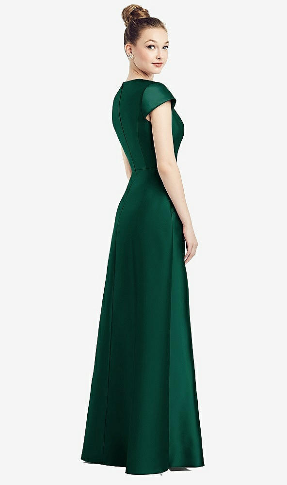 Back View - Hunter Green Cap Sleeve V-Neck Satin Gown with Pockets