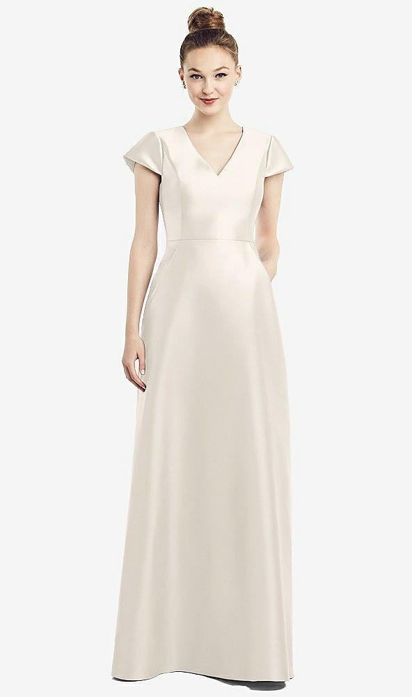Front View - Ivory Cap Sleeve V-Neck Satin Gown with Pockets