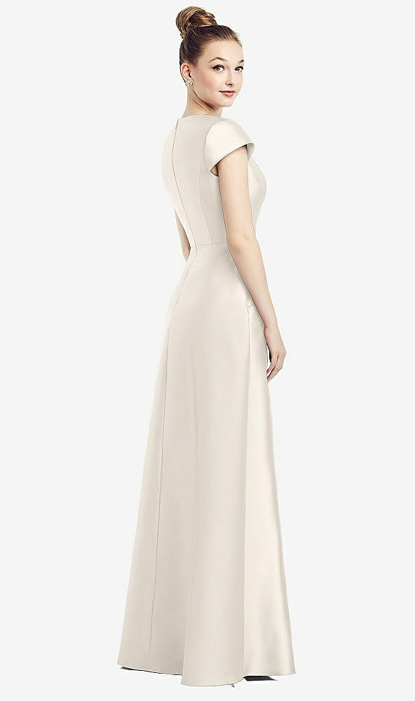 Back View - Ivory Cap Sleeve V-Neck Satin Gown with Pockets