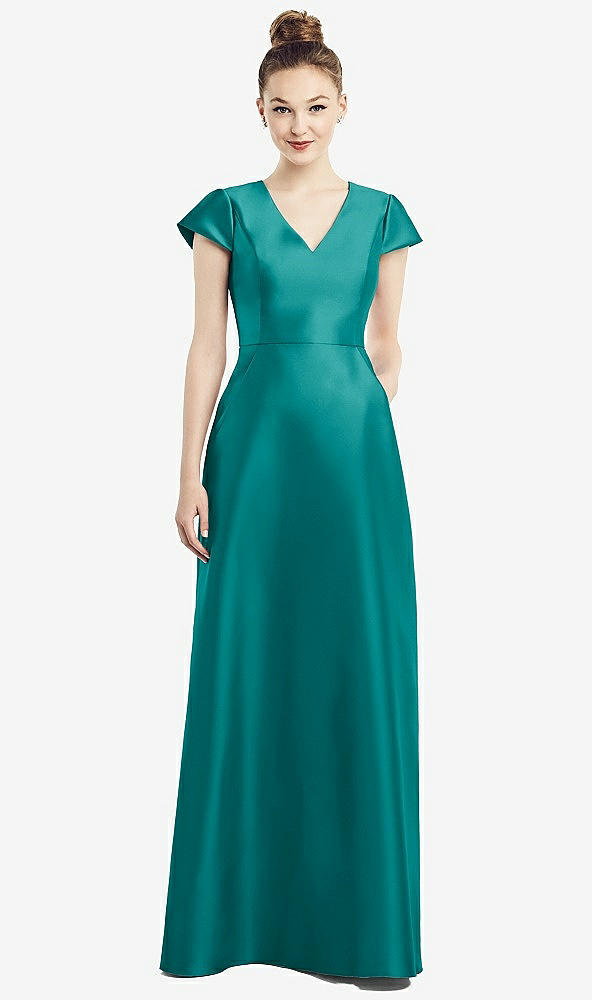 Front View - Jade Cap Sleeve V-Neck Satin Gown with Pockets