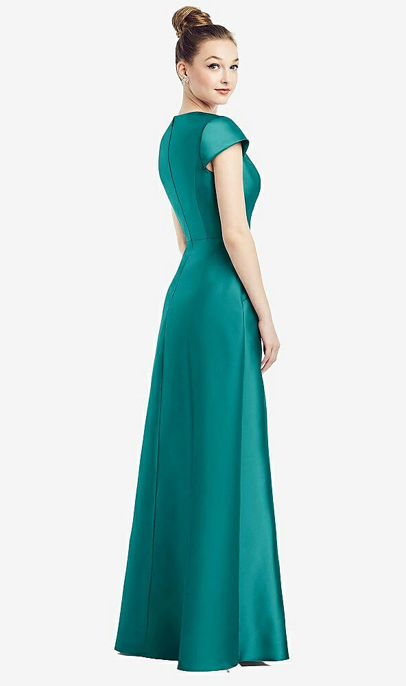 Back View - Jade Cap Sleeve V-Neck Satin Gown with Pockets