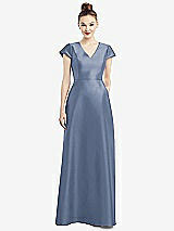 Front View Thumbnail - Larkspur Blue Cap Sleeve V-Neck Satin Gown with Pockets
