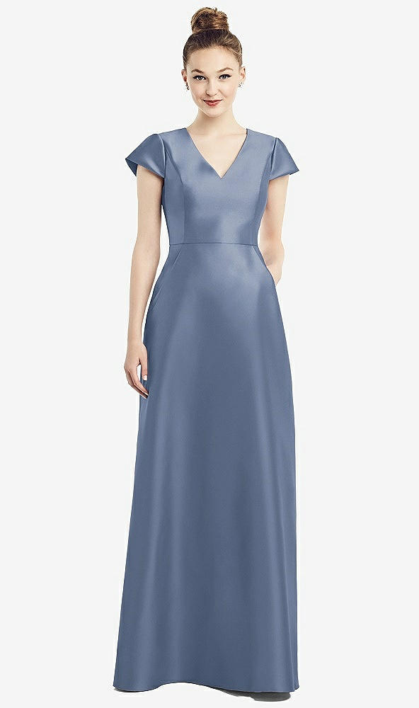 Front View - Larkspur Blue Cap Sleeve V-Neck Satin Gown with Pockets