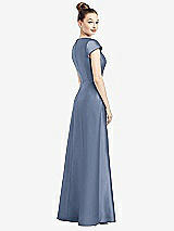 Rear View Thumbnail - Larkspur Blue Cap Sleeve V-Neck Satin Gown with Pockets