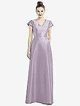 Front View Thumbnail - Lilac Haze Cap Sleeve V-Neck Satin Gown with Pockets