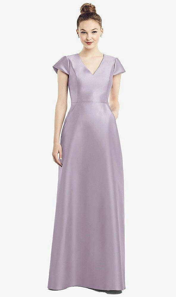 Front View - Lilac Haze Cap Sleeve V-Neck Satin Gown with Pockets
