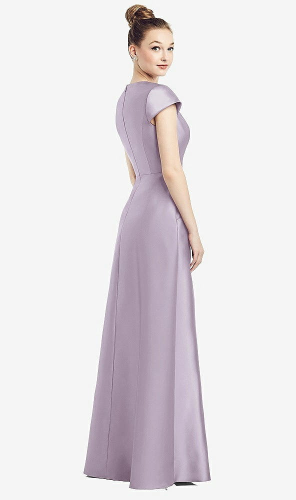 Back View - Lilac Haze Cap Sleeve V-Neck Satin Gown with Pockets