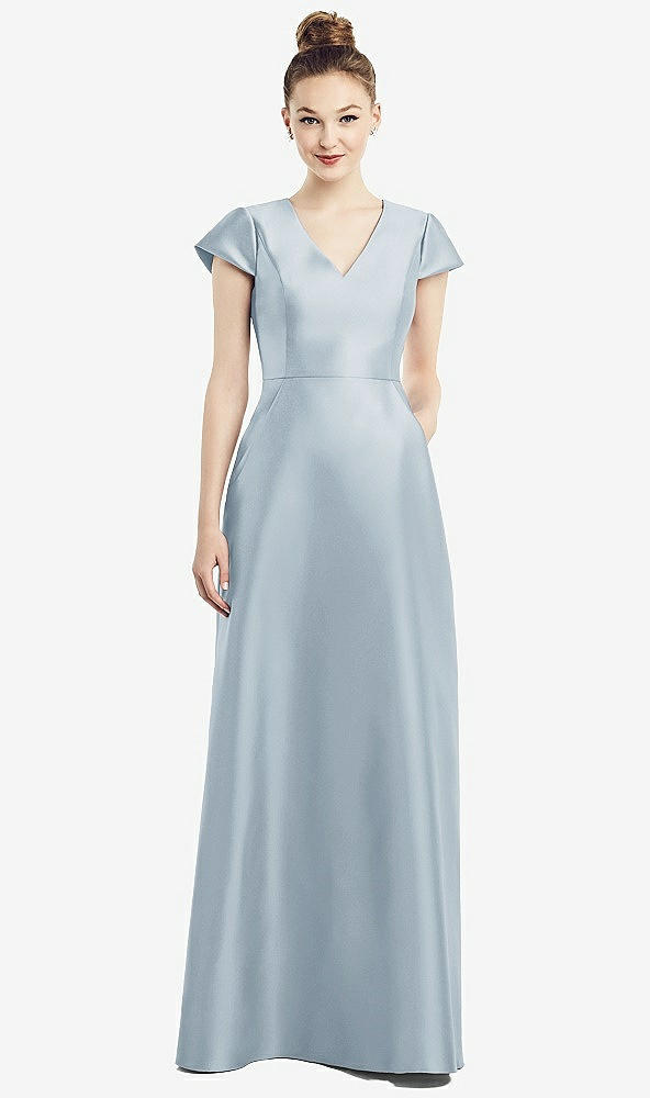 Front View - Mist Cap Sleeve V-Neck Satin Gown with Pockets