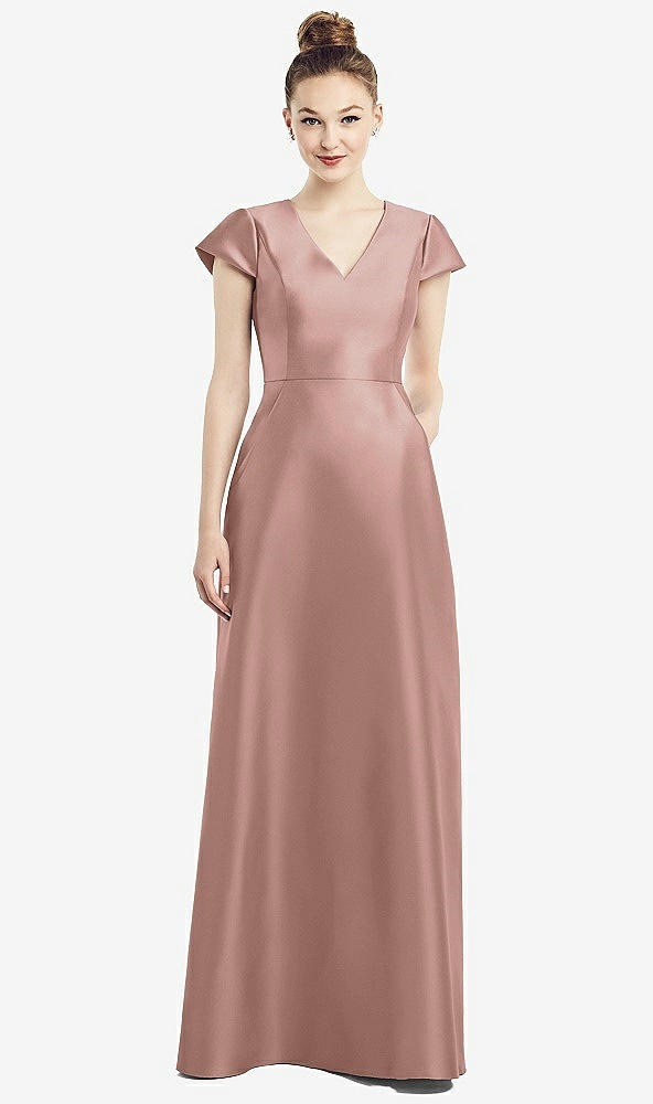 Front View - Neu Nude Cap Sleeve V-Neck Satin Gown with Pockets