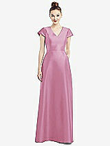 Front View Thumbnail - Powder Pink Cap Sleeve V-Neck Satin Gown with Pockets