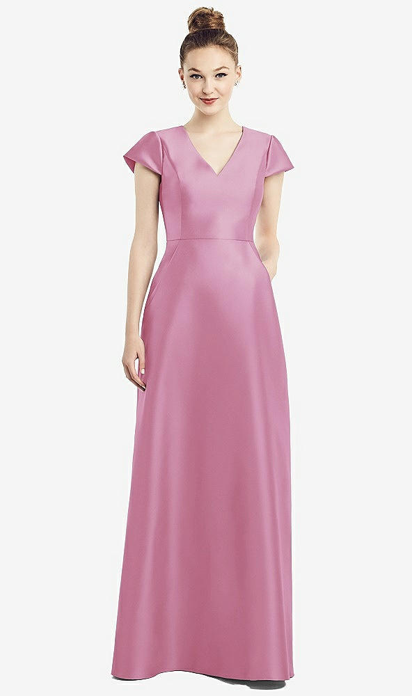 Front View - Powder Pink Cap Sleeve V-Neck Satin Gown with Pockets