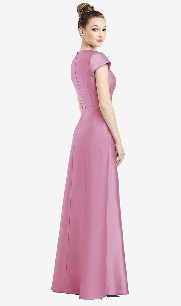 Back View - Powder Pink Cap Sleeve V-Neck Satin Gown with Pockets