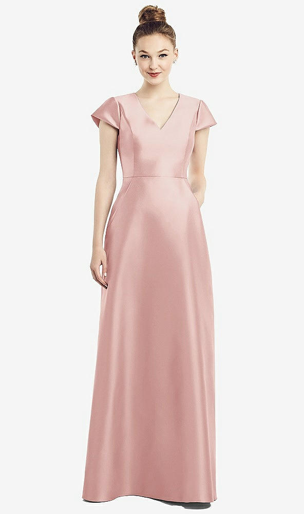 Front View - Rose Cap Sleeve V-Neck Satin Gown with Pockets