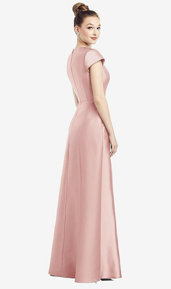 Back View - Rose Cap Sleeve V-Neck Satin Gown with Pockets