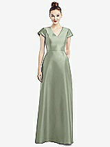 Front View Thumbnail - Sage Cap Sleeve V-Neck Satin Gown with Pockets