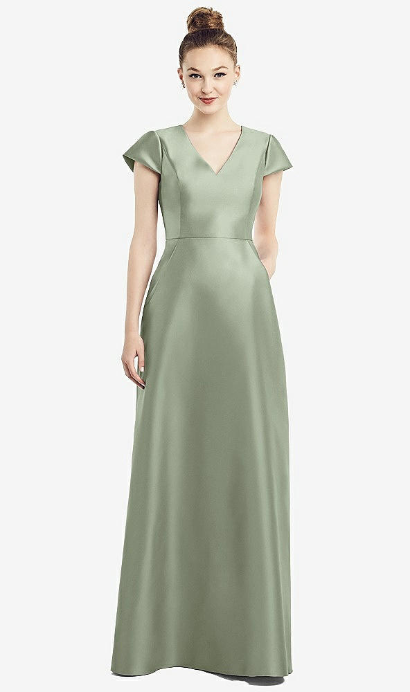 Front View - Sage Cap Sleeve V-Neck Satin Gown with Pockets