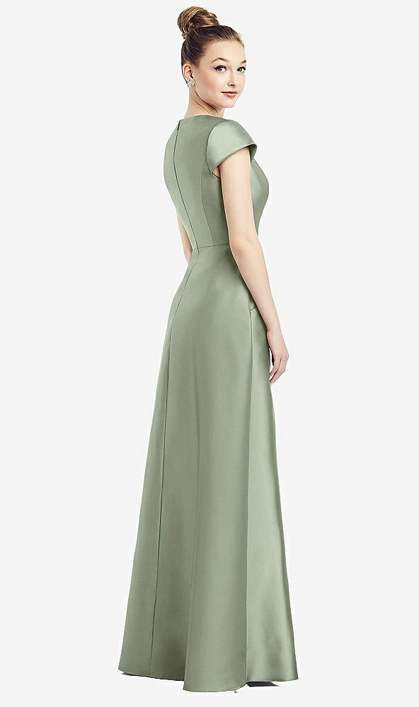 Back View - Sage Cap Sleeve V-Neck Satin Gown with Pockets