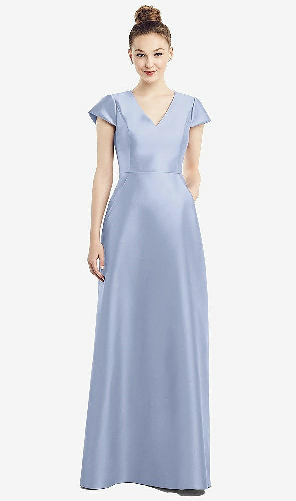 Front View - Sky Blue Cap Sleeve V-Neck Satin Gown with Pockets