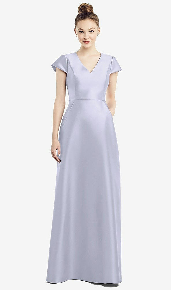 Front View - Silver Dove Cap Sleeve V-Neck Satin Gown with Pockets