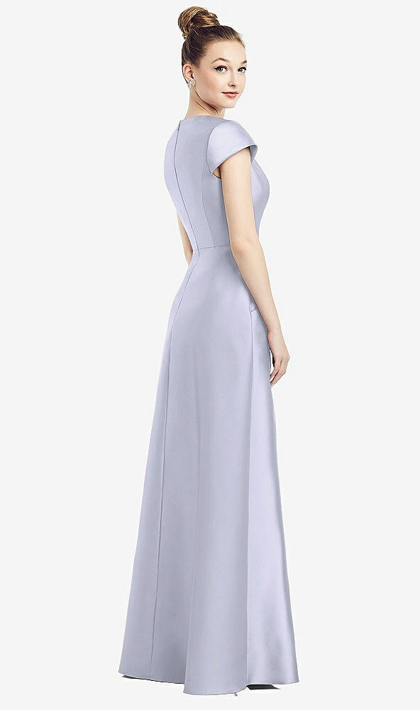 Back View - Silver Dove Cap Sleeve V-Neck Satin Gown with Pockets