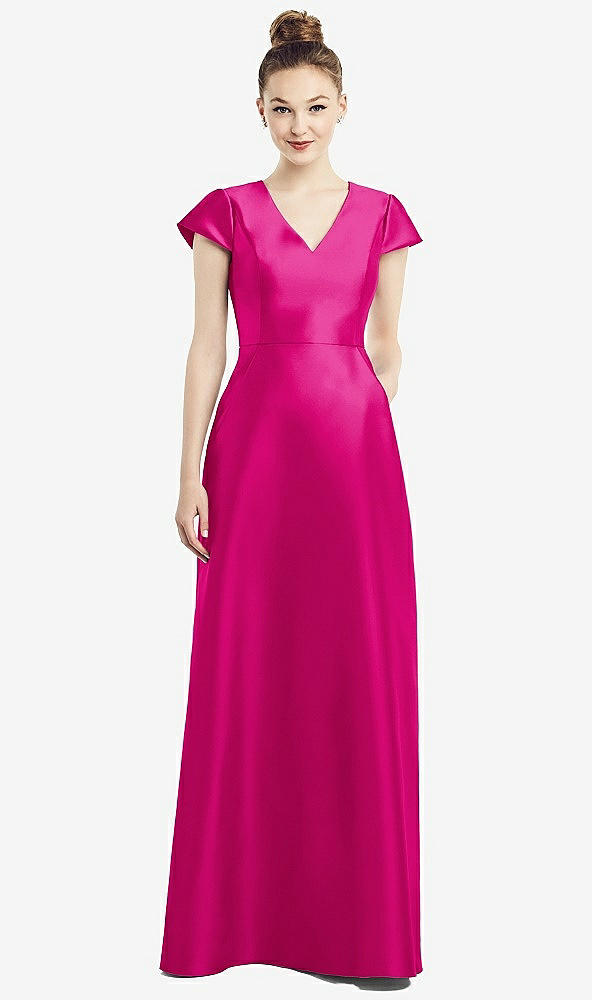Front View - Think Pink Cap Sleeve V-Neck Satin Gown with Pockets