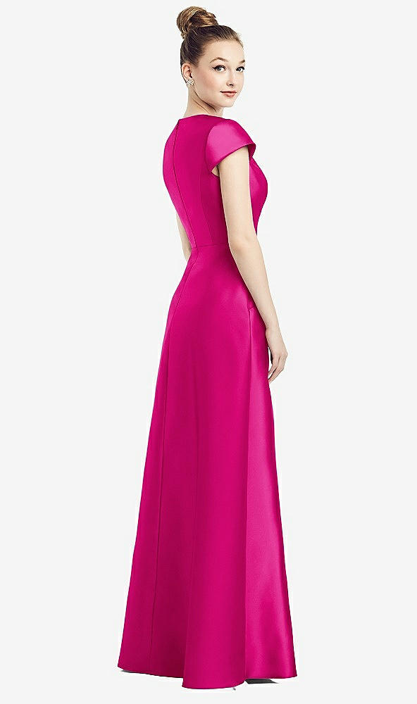 Back View - Think Pink Cap Sleeve V-Neck Satin Gown with Pockets