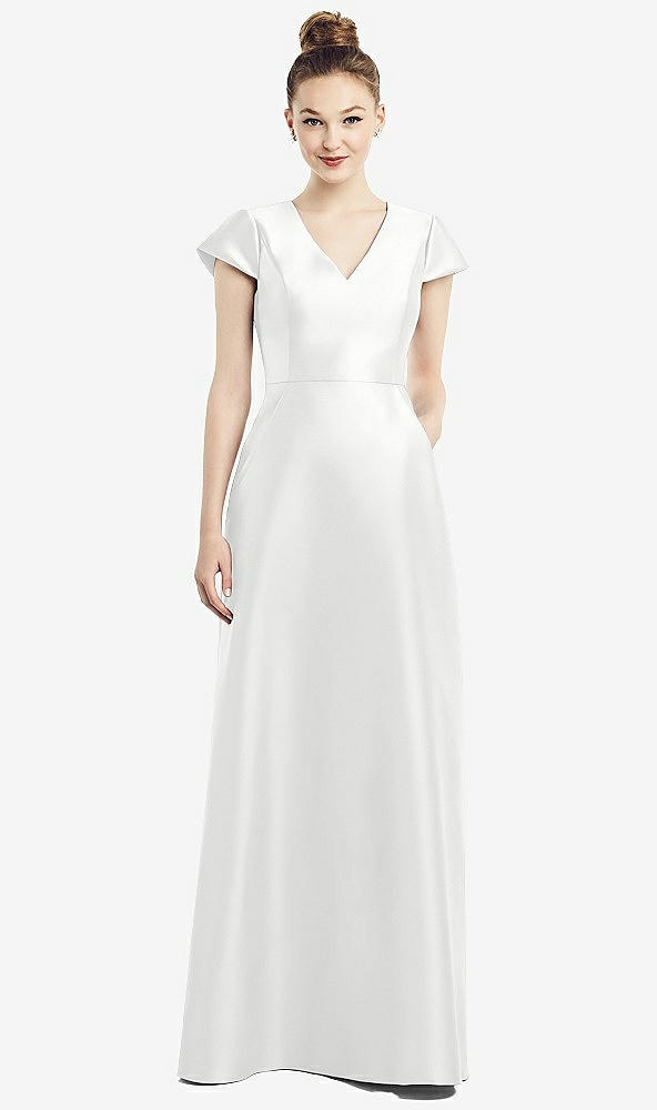 Front View - White Cap Sleeve V-Neck Satin Gown with Pockets